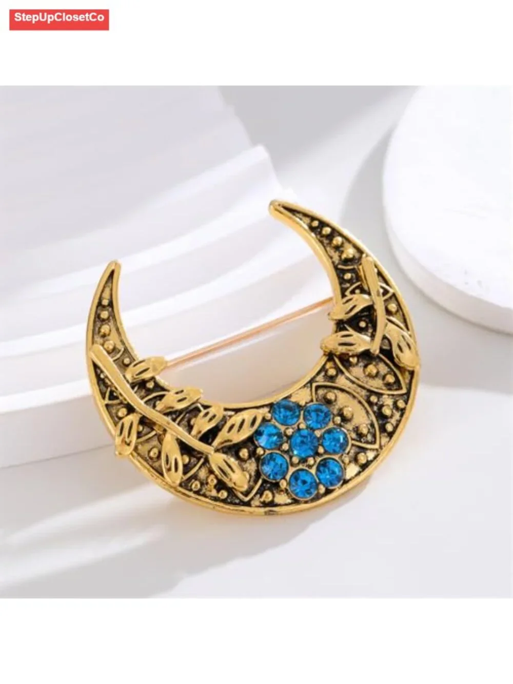 Vintage Moon Brooch Pin Blue Rhinestone Leaf Lapel Pin Clothing Shirt Suit Coat